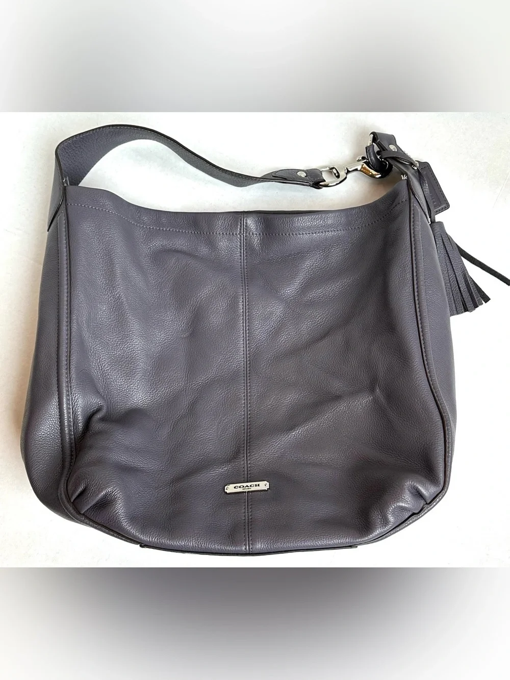 Coach Pebbled Soft Leather Deep Plum Purple Hobo Boho Tote Bag Purse Slouchy